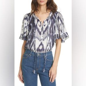 Rebecca Taylor Indigo Silk Ruffle Ikat Blouse